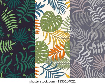 Set of three seamless floral pattern. Tropical background with palm leaves