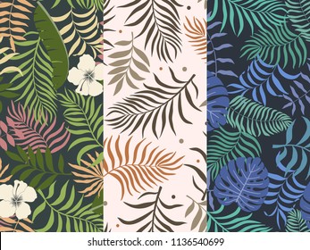 Set of three seamless floral pattern. Tropical background with palm leaves