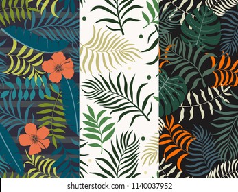 Set of three seamless floral pattern. Tropical background with palm leaves