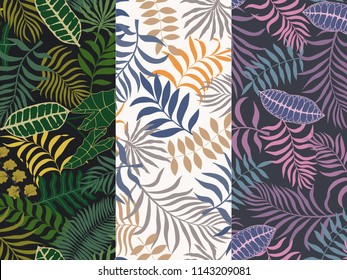 Set of three seamless floral pattern. Tropical background with palm leaves