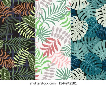 Set of three seamless floral pattern. Tropical background with palm leaves