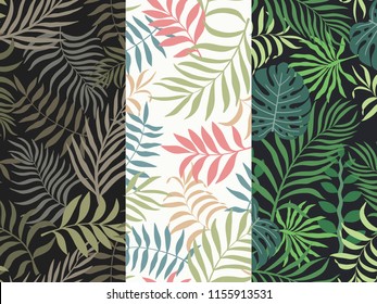 Set of three seamless floral pattern. Tropical background with palm leaves