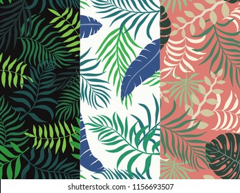 Set of three seamless floral pattern. Tropical background with palm leaves