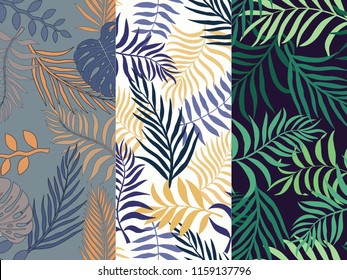 Set of three seamless floral pattern. Tropical background with palm leaves