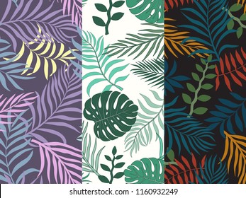 Set of three seamless floral pattern. Tropical background with palm leaves