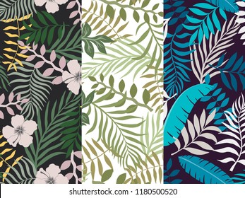 Set of three seamless floral pattern. Tropical background with palm leaves