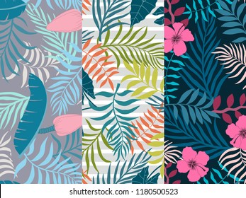 Set of three seamless floral pattern. Tropical background with palm leaves