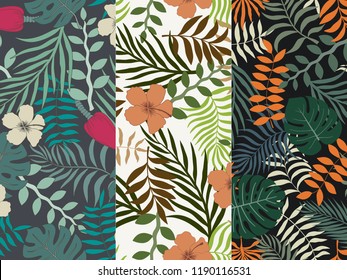 Set of three seamless floral pattern. Tropical background with palm leaves