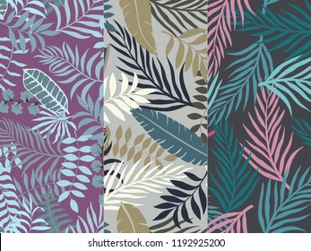 Set of three seamless floral pattern. Tropical background with palm leaves
