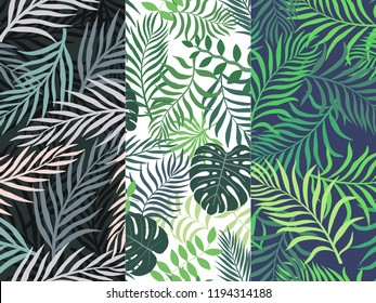 Set of three seamless floral pattern. Tropical background with palm leaves