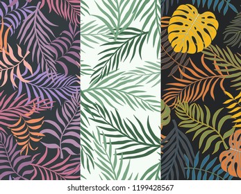 Set of three seamless floral pattern. Tropical background with palm leaves