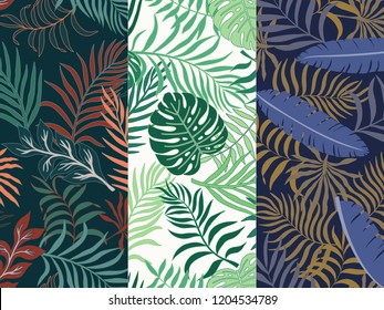 Set of three seamless floral pattern. Tropical background with palm leaves