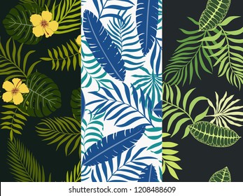 Set of three seamless floral pattern. Tropical background with palm leaves