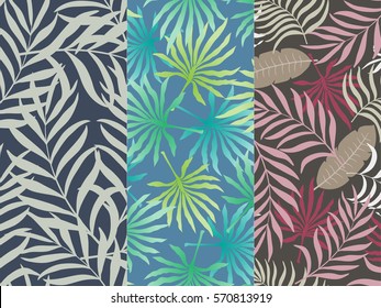Set of three seamless floral pattern. Tropical background with palm leaves