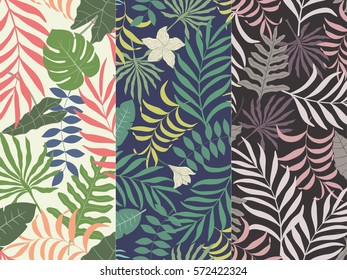 Set of three seamless floral pattern. Tropical background with palm leaves
