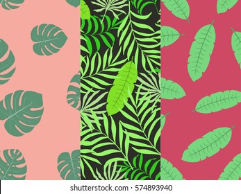 Set of three seamless floral pattern. Tropical background with palm leaves