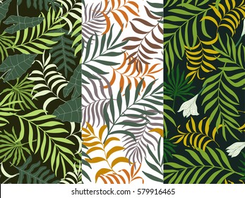 Set of three seamless floral pattern. Tropical background with palm leaves