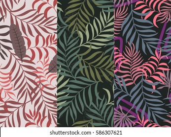 Set of three seamless floral pattern. Tropical background with palm leaves