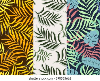 Set of three seamless floral pattern. Tropical background with palm leaves