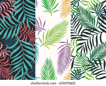 Set of three seamless floral pattern. Tropical background with palm leaves