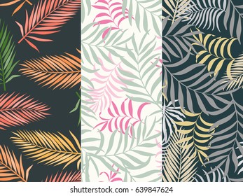 Set of three seamless floral pattern. Tropical background with palm leaves