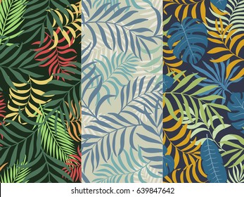 Set of three seamless floral pattern. Tropical background with palm leaves