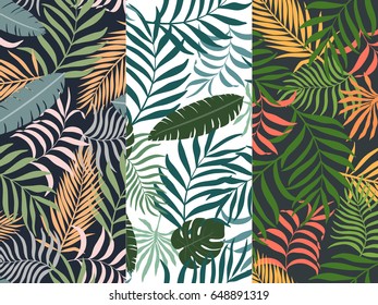 Set of three seamless floral pattern. Tropical background with palm leaves