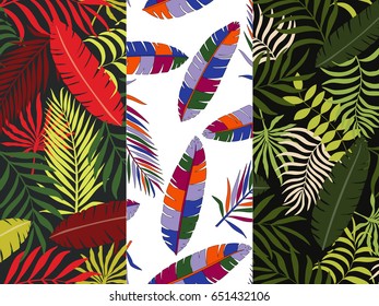 Set of three seamless floral pattern. Tropical background with palm leaves