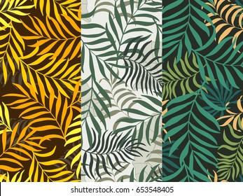 Set of three seamless floral pattern. Tropical background with palm leaves