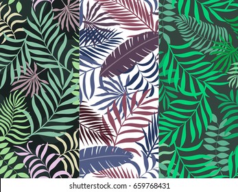 Set of three seamless floral pattern. Tropical background with palm leaves