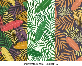 Set of three seamless floral pattern. Tropical background with palm leaves