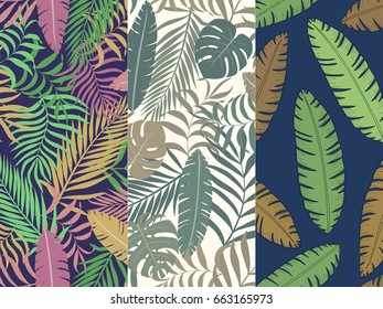 Set of three seamless floral pattern. Tropical background with palm leaves