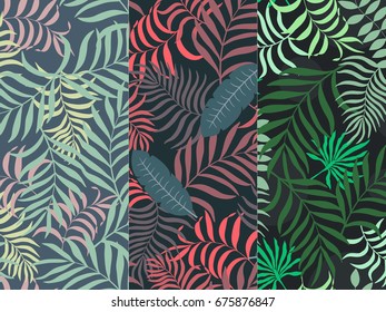 Set of three seamless floral pattern. Tropical background with palm leaves.