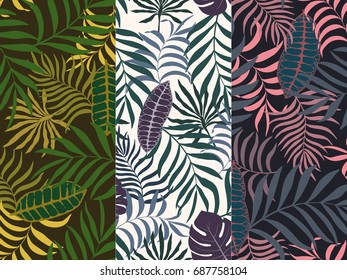 Set of three seamless floral pattern. Tropical background with palm leaves