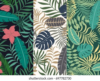Set of three seamless floral pattern. Tropical background with palm leaves