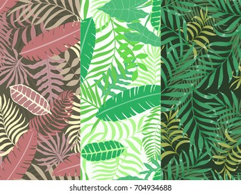 Set of three seamless floral pattern. Tropical background with palm leaves