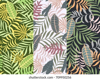 Set of three seamless floral pattern. Tropical background with palm leaves