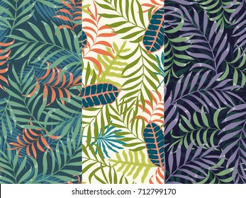 Set of three seamless floral pattern. Tropical background with palm leaves