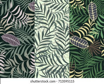 Set of three seamless floral pattern. Tropical background with palm leaves