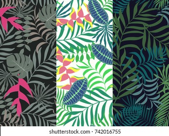 Set of three seamless floral pattern. Tropical background with palm leaves