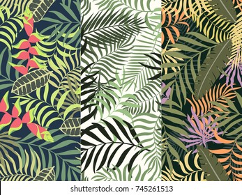 Set of three seamless floral pattern. Tropical background with palm leaves