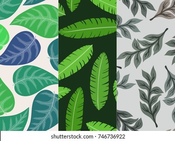 Set of three seamless floral pattern. Tropical background with palm leaves