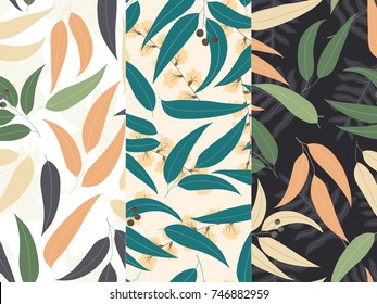 Set of three seamless floral pattern. Tropical background with gum-tree leaves