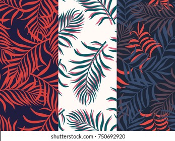 Set of three seamless floral pattern. Tropical background with palm leaves