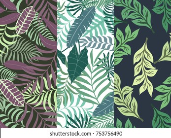 Set of three seamless floral pattern. Tropical background with palm leaves