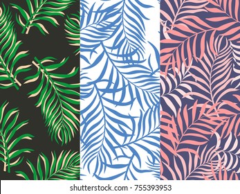 Set of three seamless floral pattern. Tropical background with palm leaves