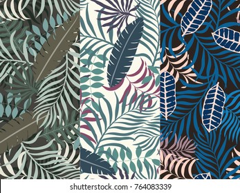 Set of three seamless floral pattern. Tropical background with palm leaves