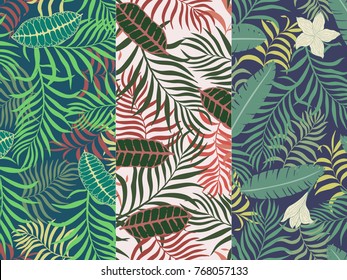 Set of three seamless floral pattern. Tropical background with palm leaves