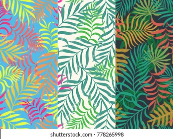 Set of three seamless floral pattern. Tropical background with palm leaves