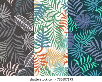 Set of three seamless floral pattern. Tropical background with palm leaves